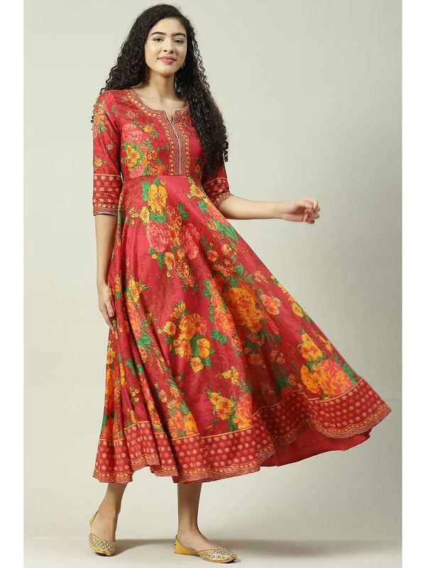 Women's Red Flared Fusion Wear - BIBA - Indiakreations