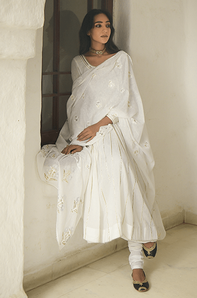 SE White gota embroidered Anarkali with chooridar and dupatta- set of 3 - Indiakreations