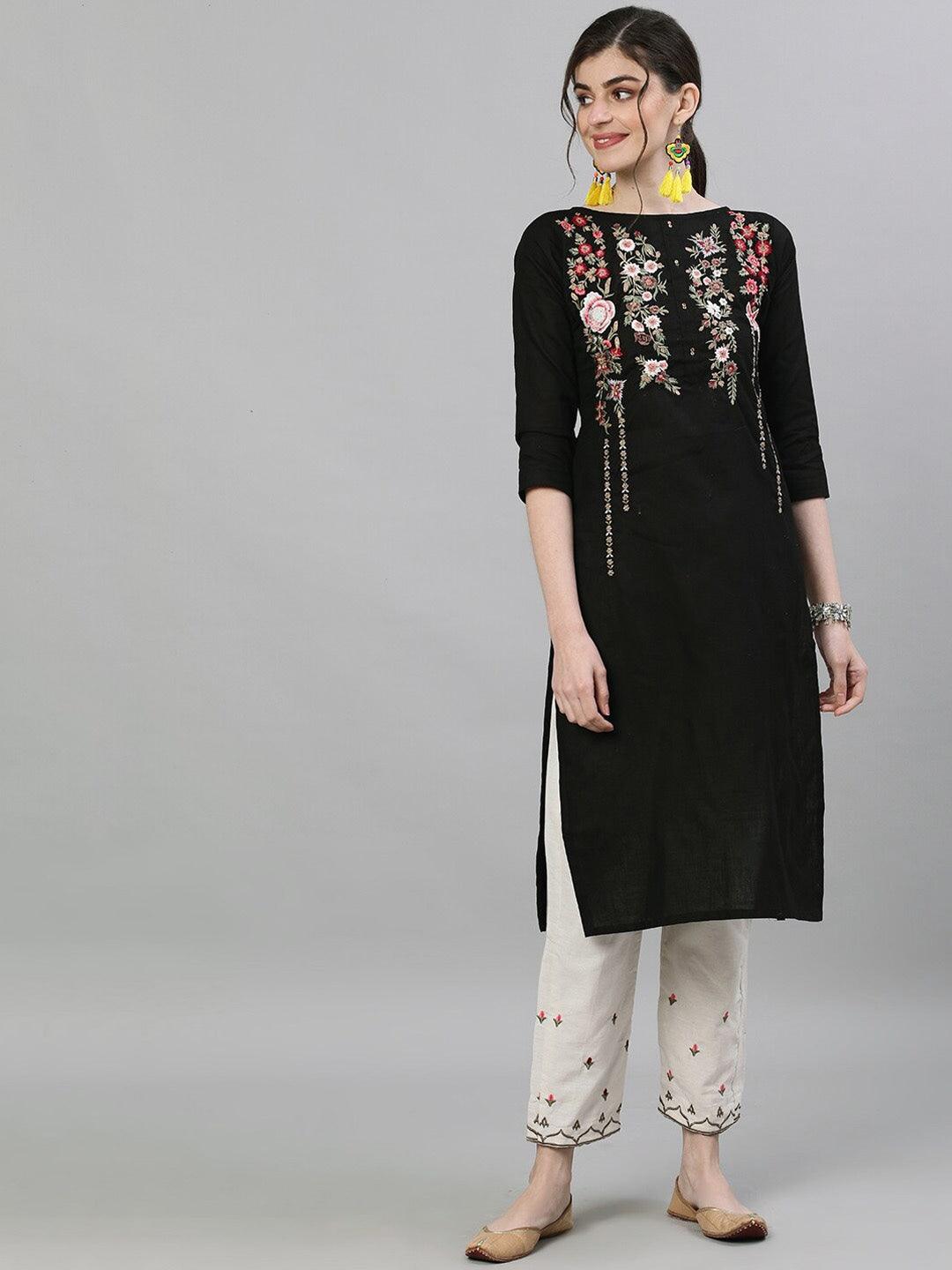 Women Black Cotton Kurta with Pant by Ishin (2pcs Set) - Indiakreations