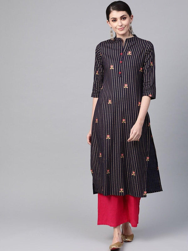 Women's Navy Blue & Golden Striped Straight Kurta - Meeranshi - Indiakreations