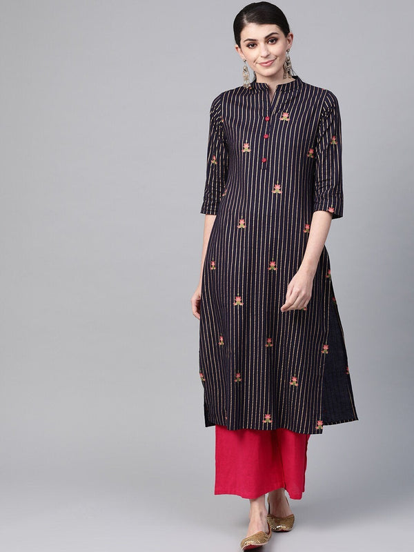 Women's Navy Blue & Golden Striped Straight Kurta - Meeranshi