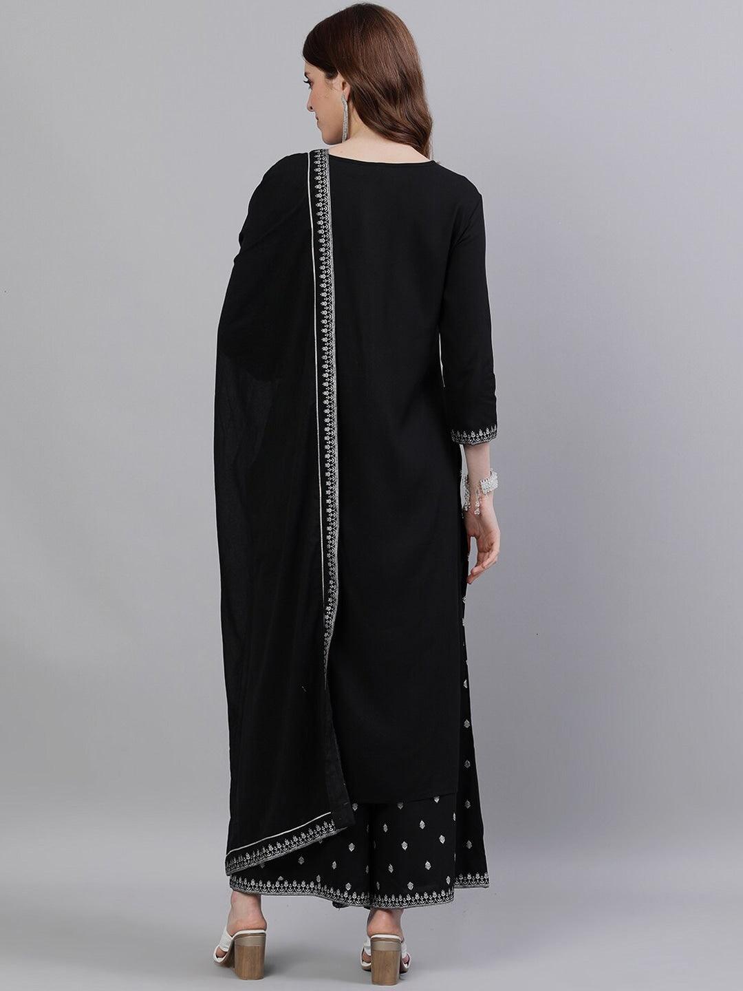 Women Black Rayon A-Line Kurta with Palazzo & Dupatta by Ishin (3pcs Set) - Indiakreations