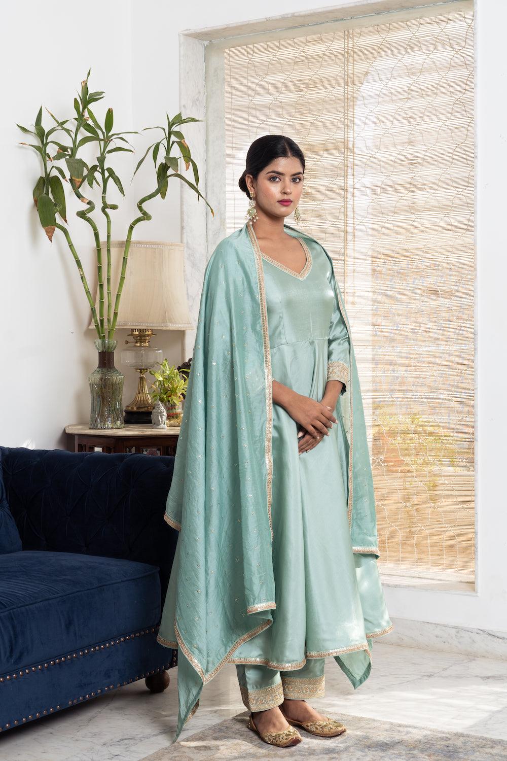 Khwabidah Pista Green Silk Anarkali Set of 3 - Indiakreations