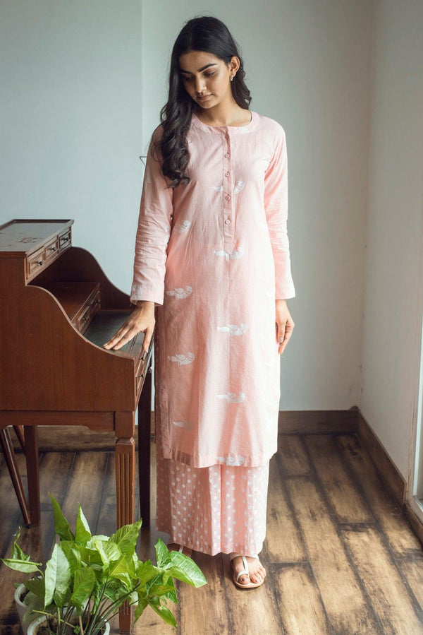 Serenity White bird print kurta palazzo set- Pink - Indiakreations