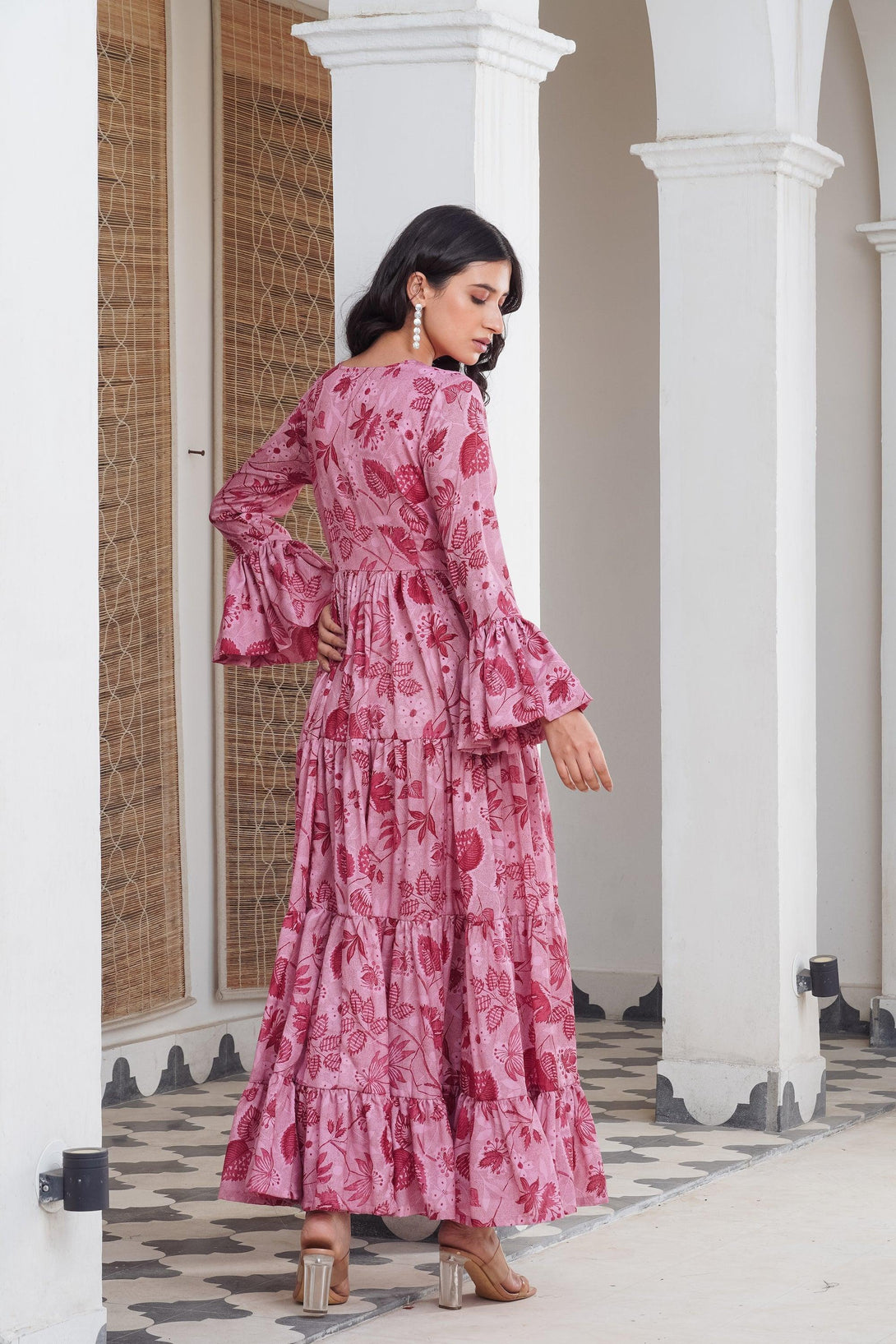 Pink floral frill Maxi - Indiakreations