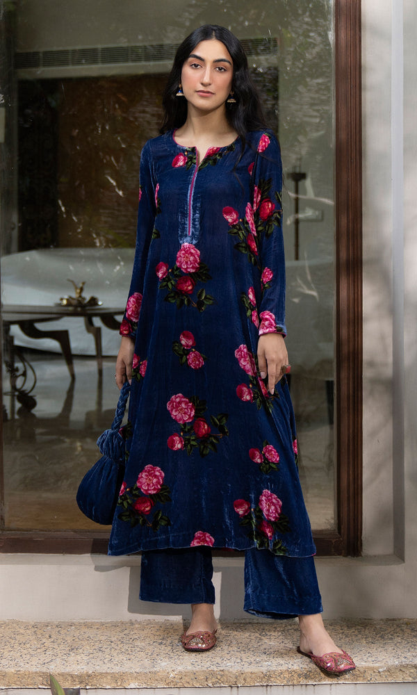 Bareen floral Blue velvet straight kurta with velvet palazzo  - Set of 2