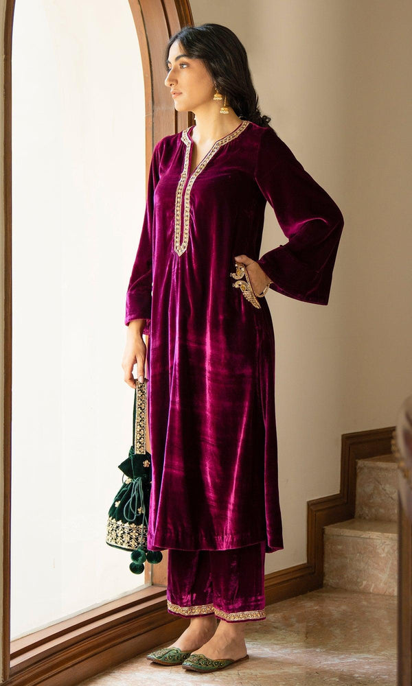 Bareen embroidered - Deep Orchid peacock side pockets velvet kurta with palazzo - Set of 2 RTS - Indiakreations