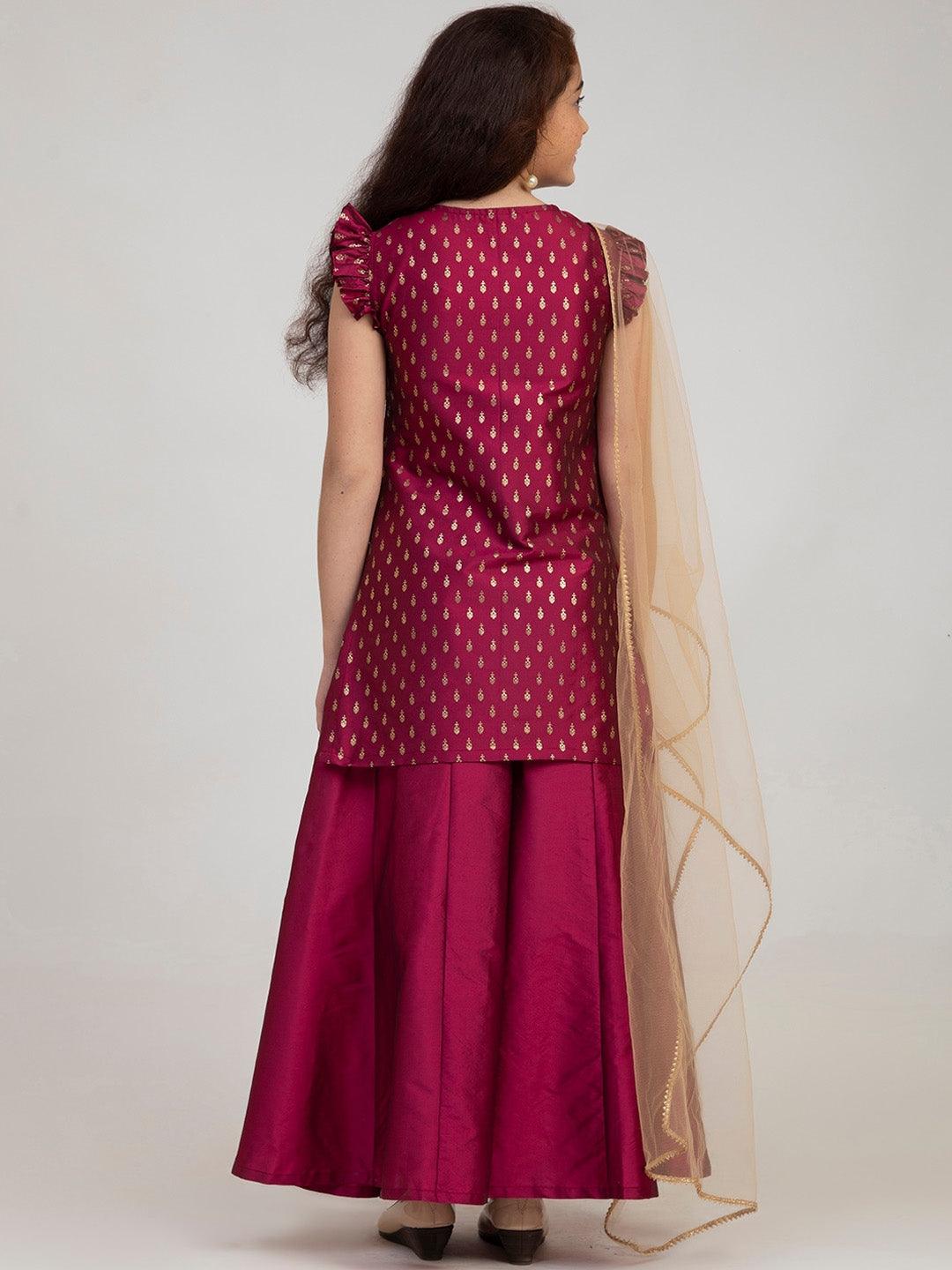 Girl's Burgundy Embroidered Kurta with Sharara & With Dupatta - NOZ2TOZ KIDS - Indiakreations