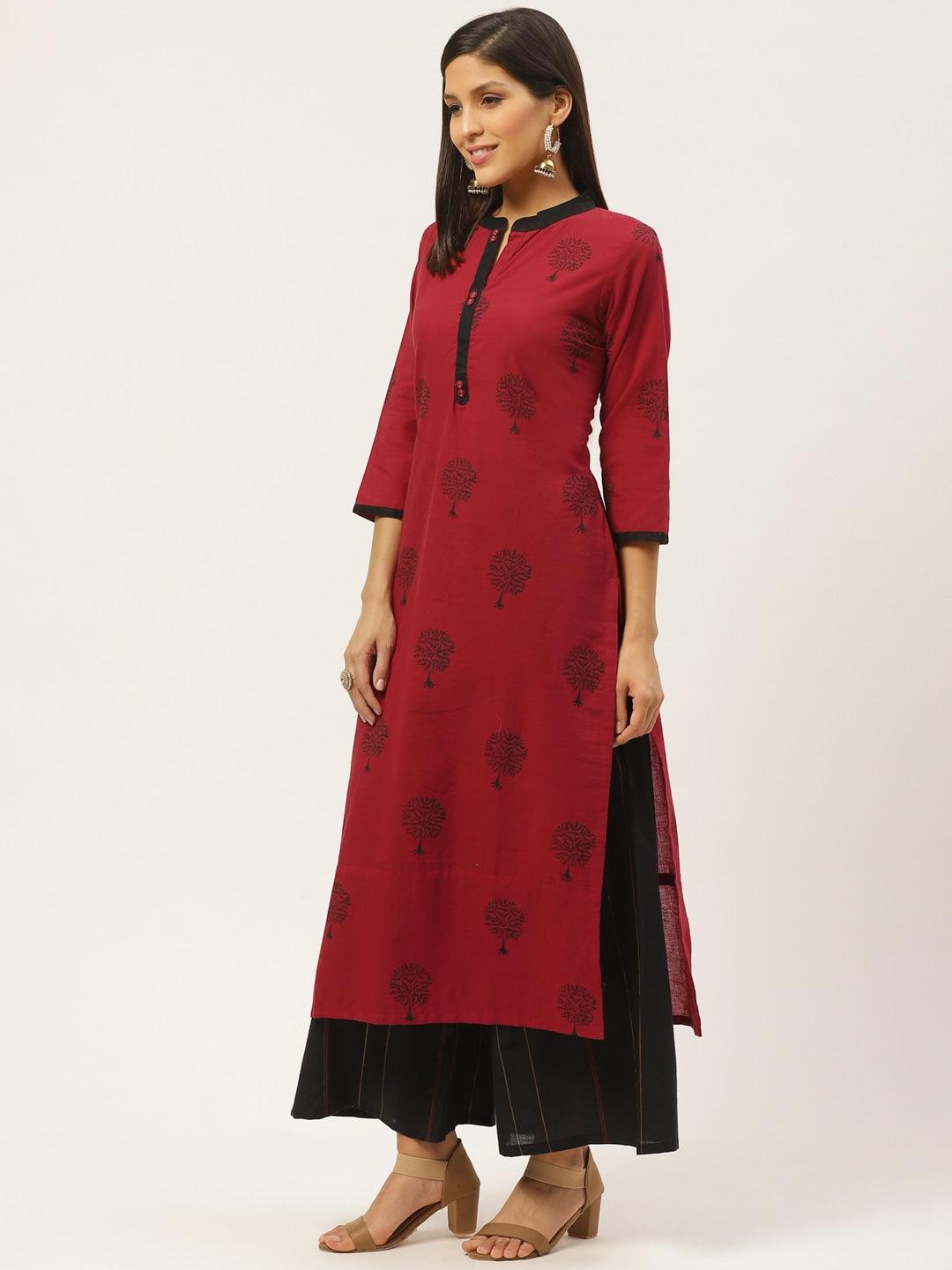 Women's Maroon & Black Block Print Kurta With Palazzos - Noz2Toz - Indiakreations