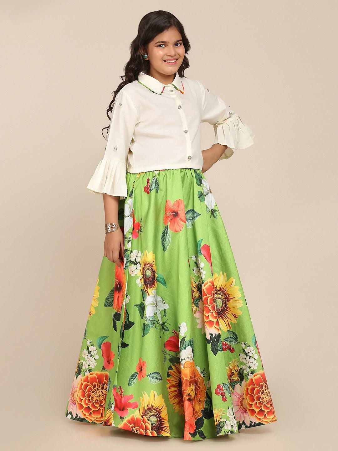 Girl's Lime Green & White Floral Printed Ready To Wear Lehenga Choli - NOZ2TOZ KIDS - Indiakreations