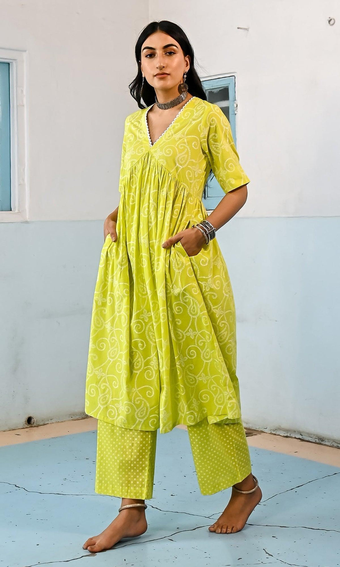 Zahrah 2.0 Neon Green V-neck gather kurta set - set of 3 - Indiakreations