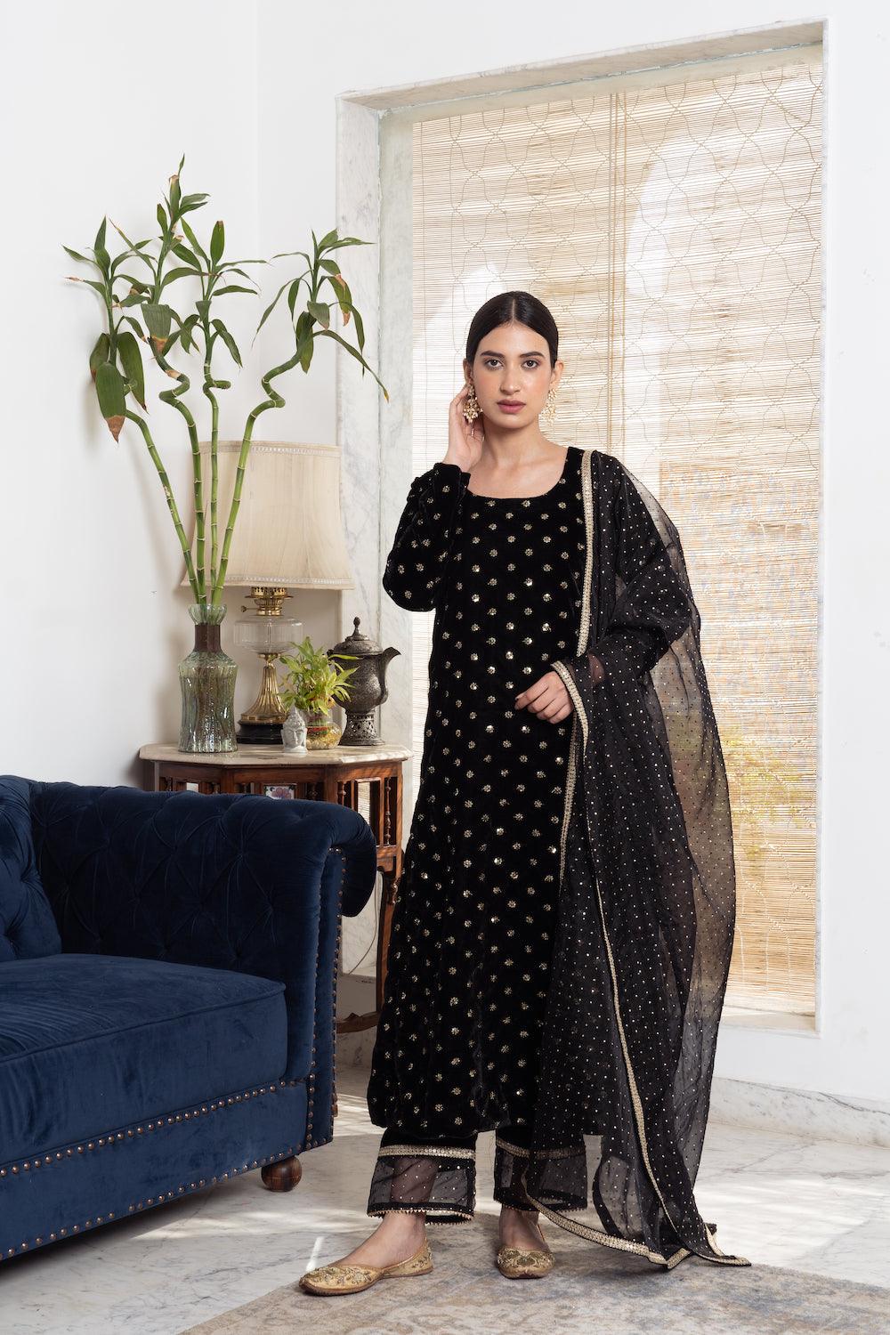 Khwabidah Black Kurta Set of 3 - Indiakreations