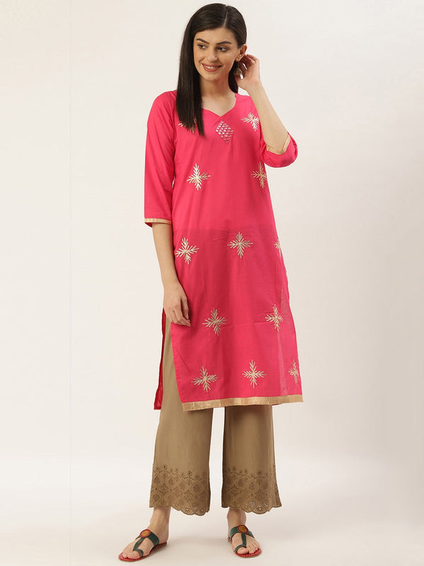 Women's Pink & Golden Gotta Patti Work Straight Kurta - Noz2Toz