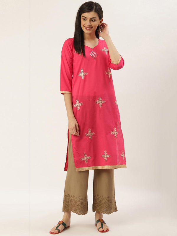 Women's Pink & Golden Gotta Patti Work Straight Kurta - NOZ2TOZ - Indiakreations