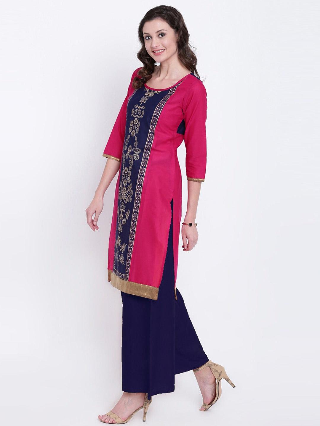 Women's Pink & Blur Ethnic Motifs Printed Panelled Straight Kurta - NOZ2TOZ - Indiakreations