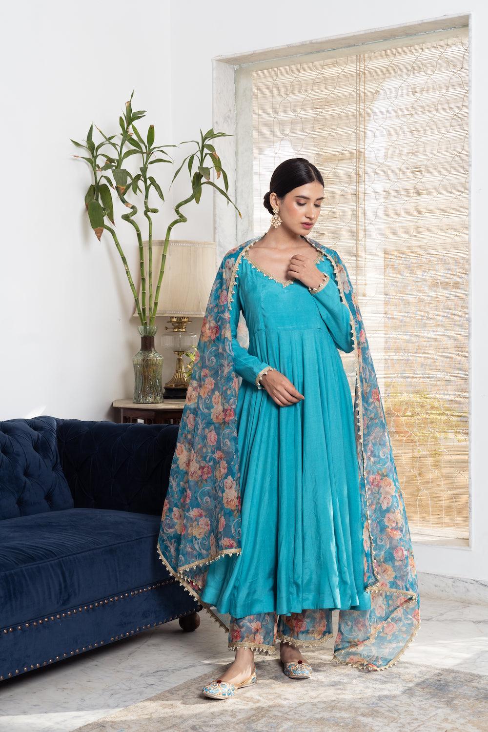 Khwabidah Turquoise Anarkali with floral dupatta Set of 3 - Indiakreations