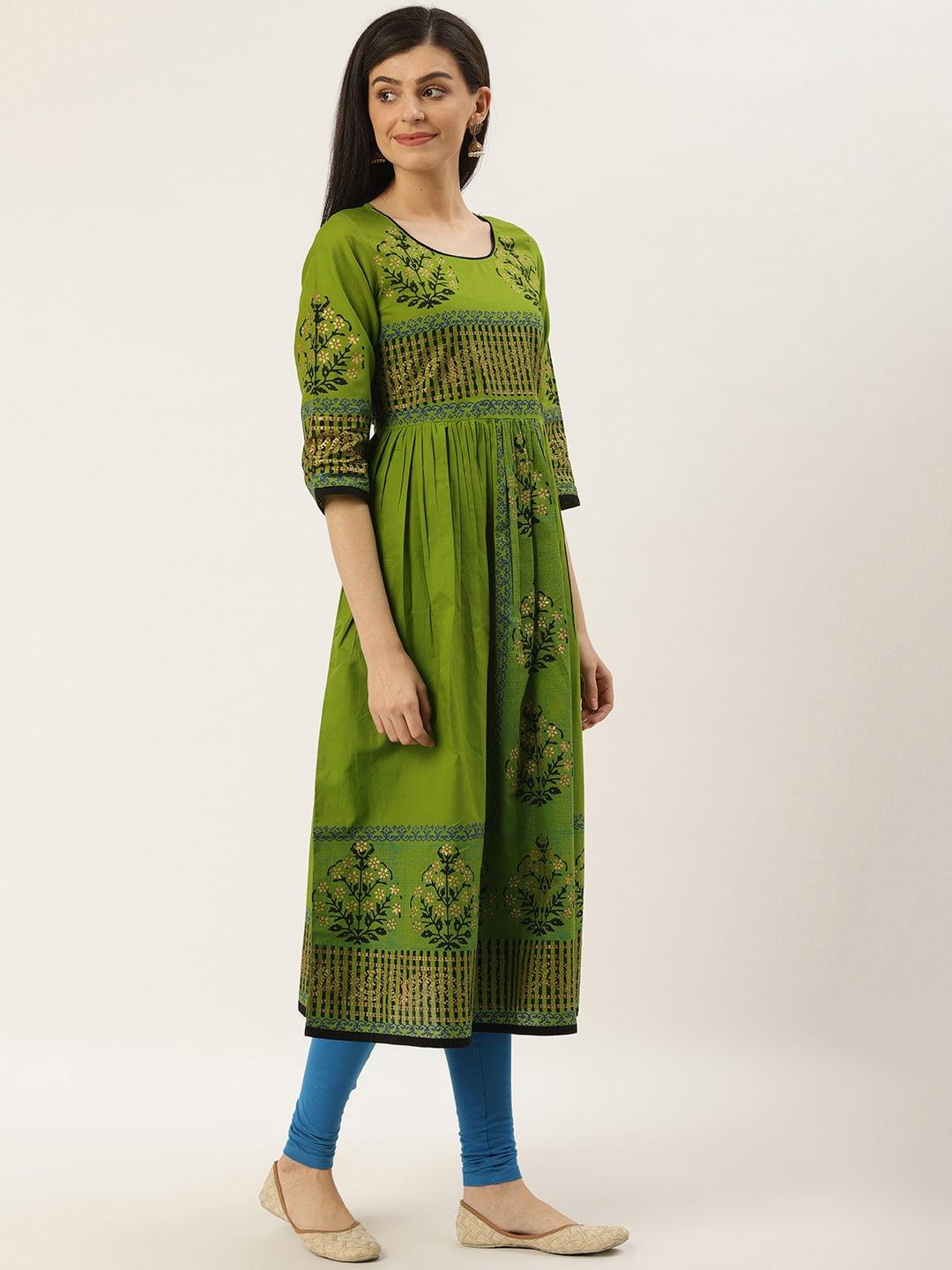 Women's Green & Black Block Print A-Line Kurta - Noz2Toz - Indiakreations