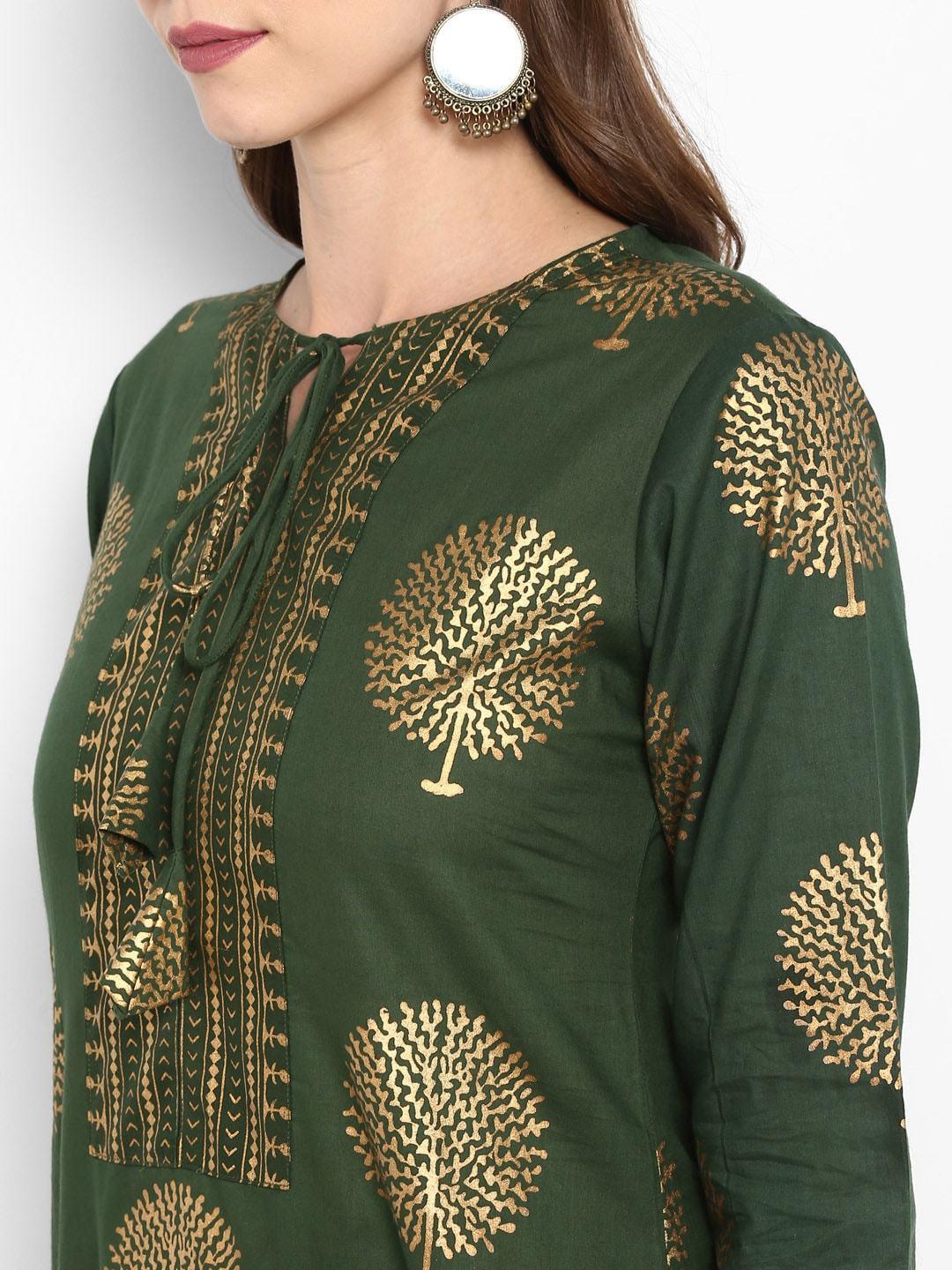 Women's Olive Green Printed Kurta with Palazzos - Meeranshi - Indiakreations