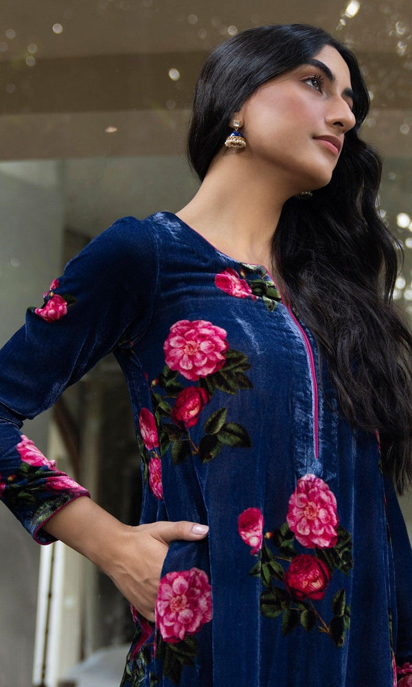 Bareen floral Blue velvet straight kurta with velvet palazzo - Set of 2 - Indiakreations