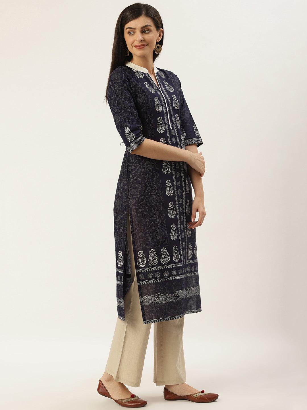 Women's Navy Blue & Off-White Printed Straight Kurta - NOZ2TOZ - Indiakreations