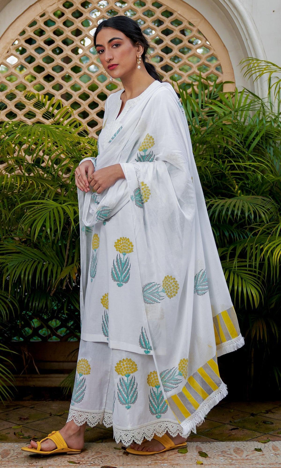 SUKOON YELLOW BLOCK PRINTED KURTA WITH SHARARA AND DUAPTTA - SET OF 3 - Indiakreations