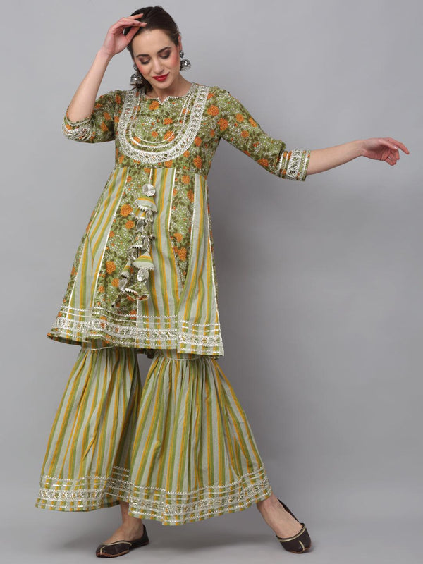 Women's Pure Cotton Flaired Short Kurta With Sharara - Rudra Bazaar - Indiakreations