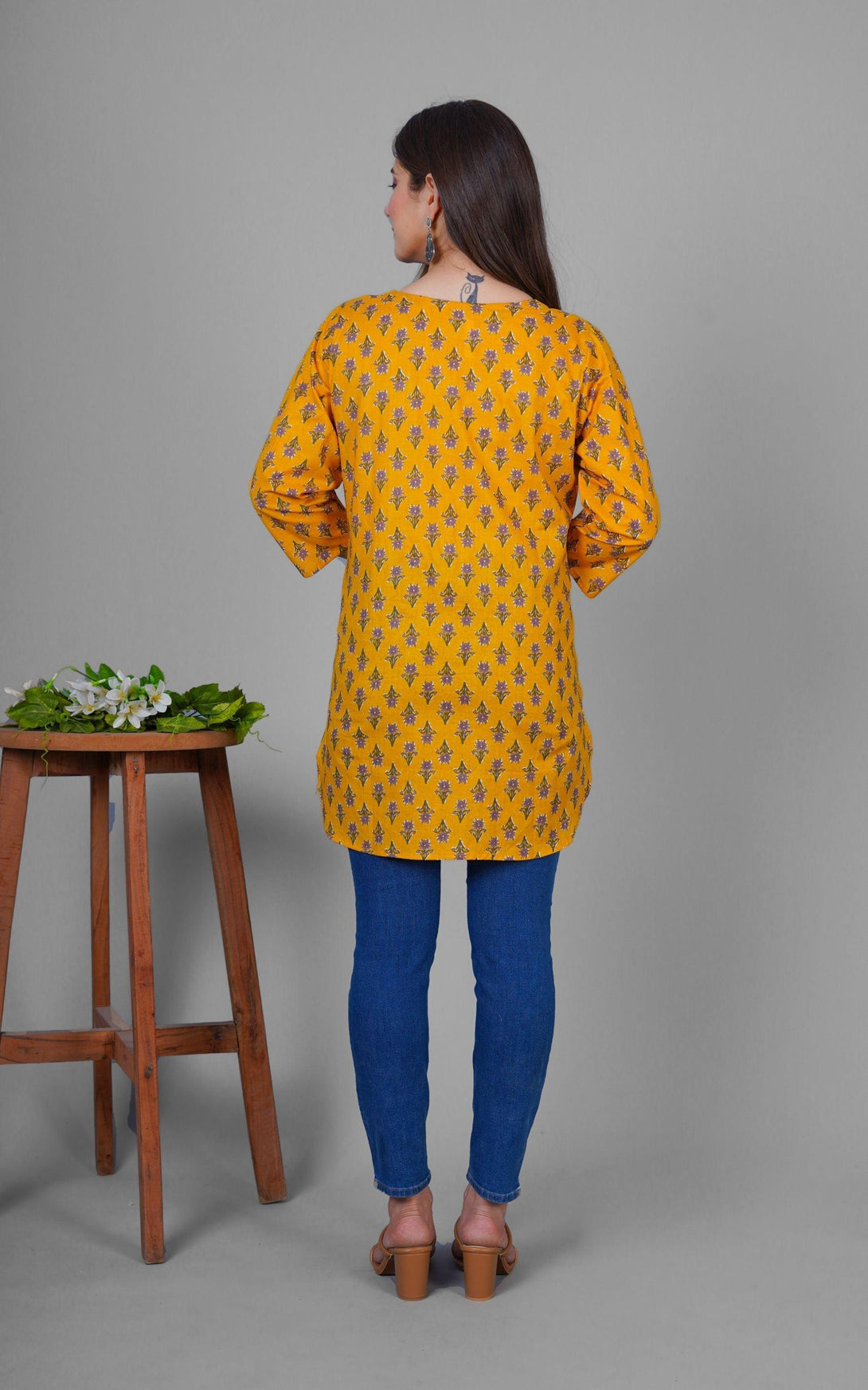 Women's Cotton Mustard Print Short Kurti - Noz2Toz - Indiakreations