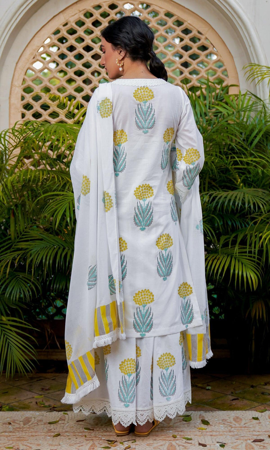 SUKOON YELLOW BLOCK PRINTED KURTA WITH SHARARA AND DUAPTTA - SET OF 3 - Indiakreations