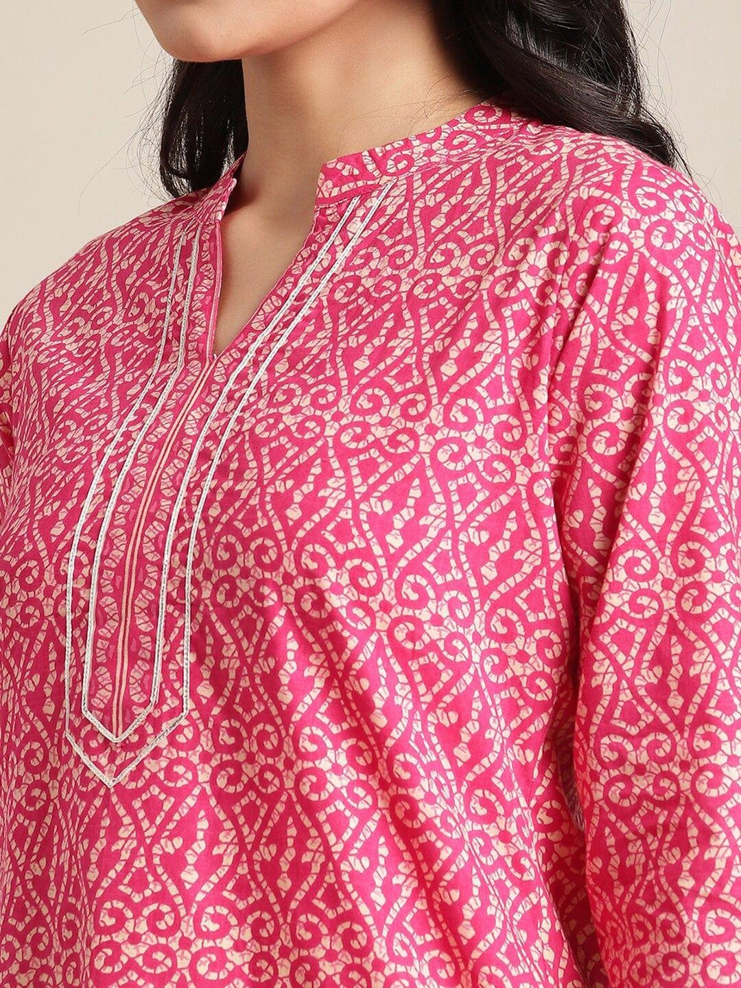 Pink & White Ethnic Motifs Printed Gotta Patti Kurta - Indiakreations