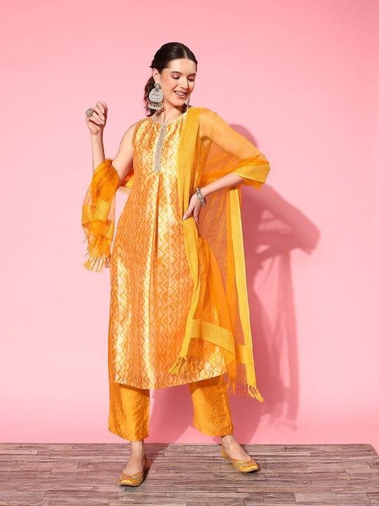 Varanga Women Yellow Printed Sequinned Kurta With Trousers & Dupatta - Indiakreations