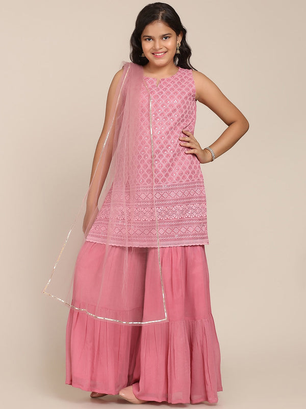 Girl's Pink Embroidered Kurta with Sharara & With Dupatta - NOZ2TOZ KIDS