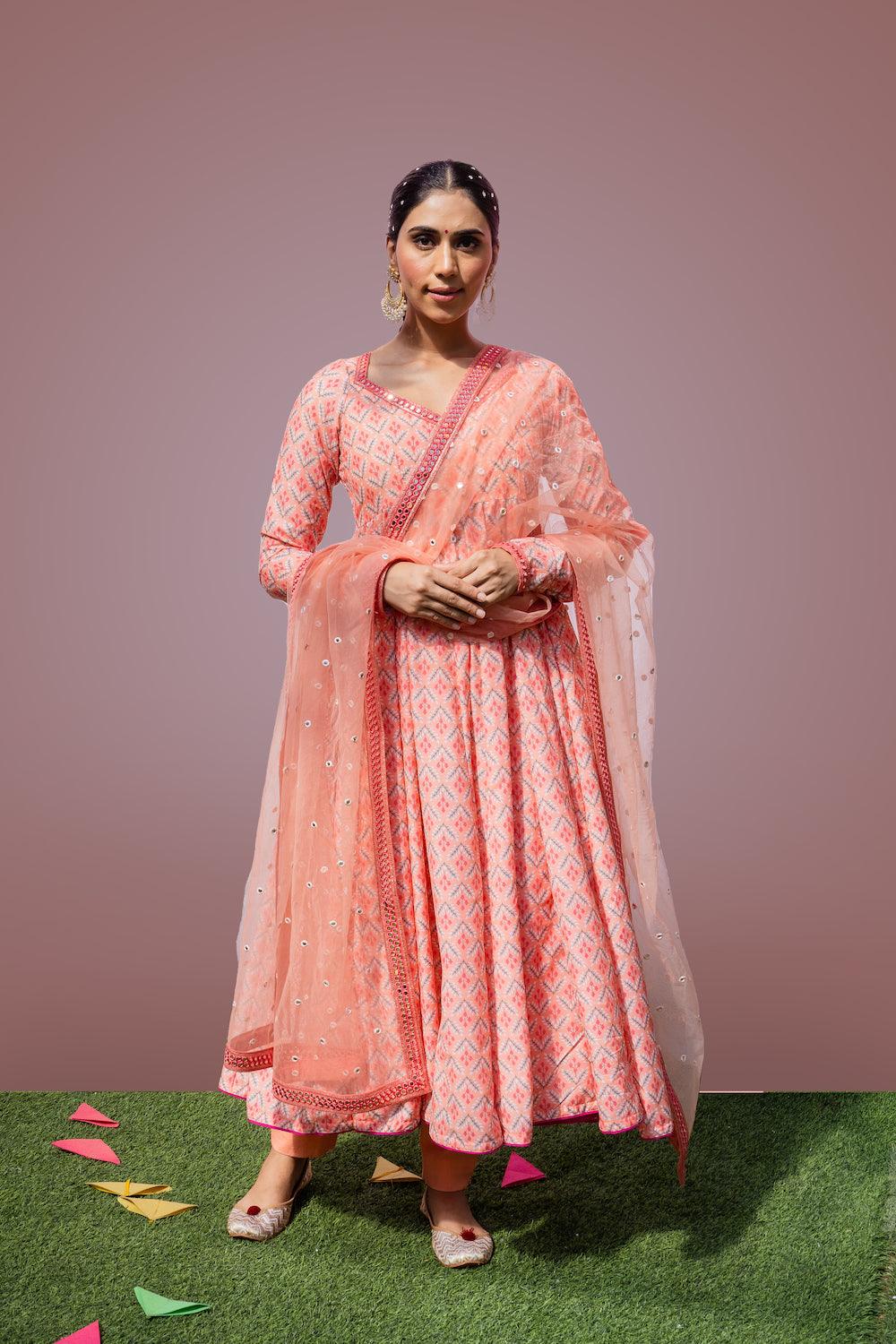 Mehfil Peach Anarkali Set - Indiakreations