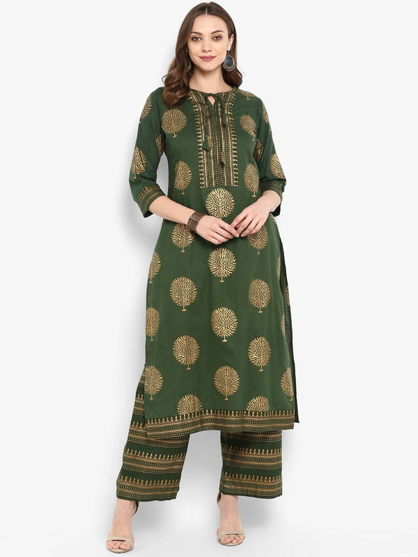 Women's Olive Green Printed Kurta with Palazzos - Meeranshi