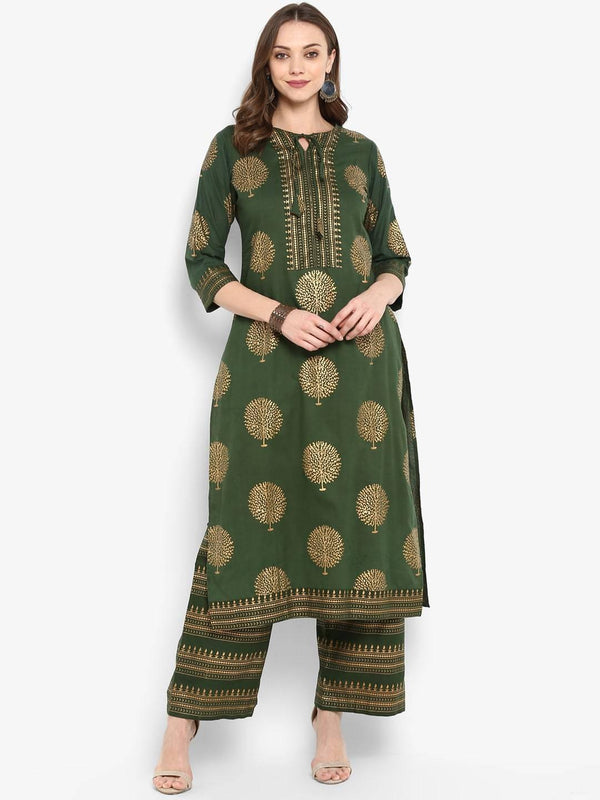 Women's Olive Green Printed Kurta with Palazzos - Meeranshi - Indiakreations