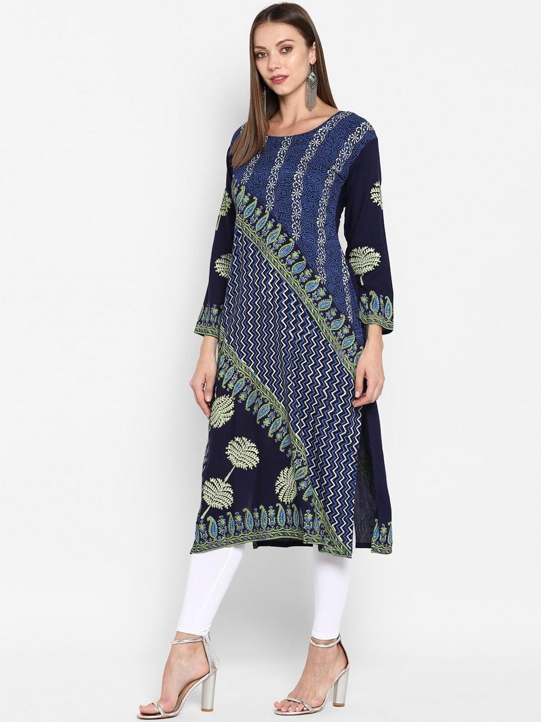 Women's Navy Blue Geometric Printed Kurta - NOZ2TOZ - Indiakreations