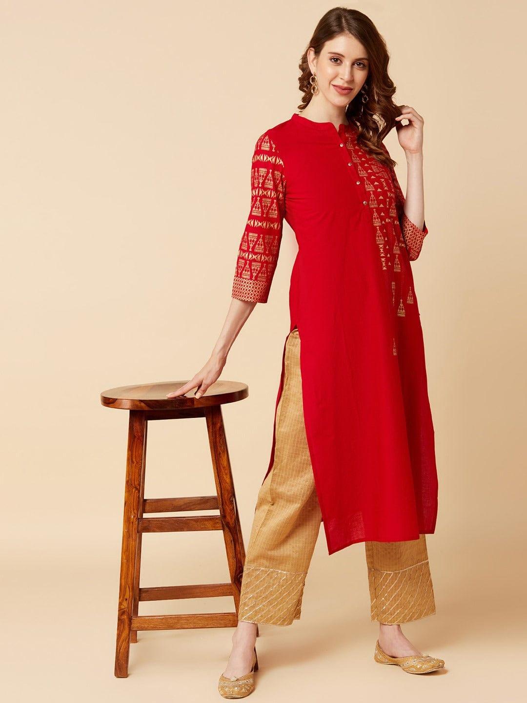 Maroon Geometric Yoke Design Thread Work Kurta - Indiakreations