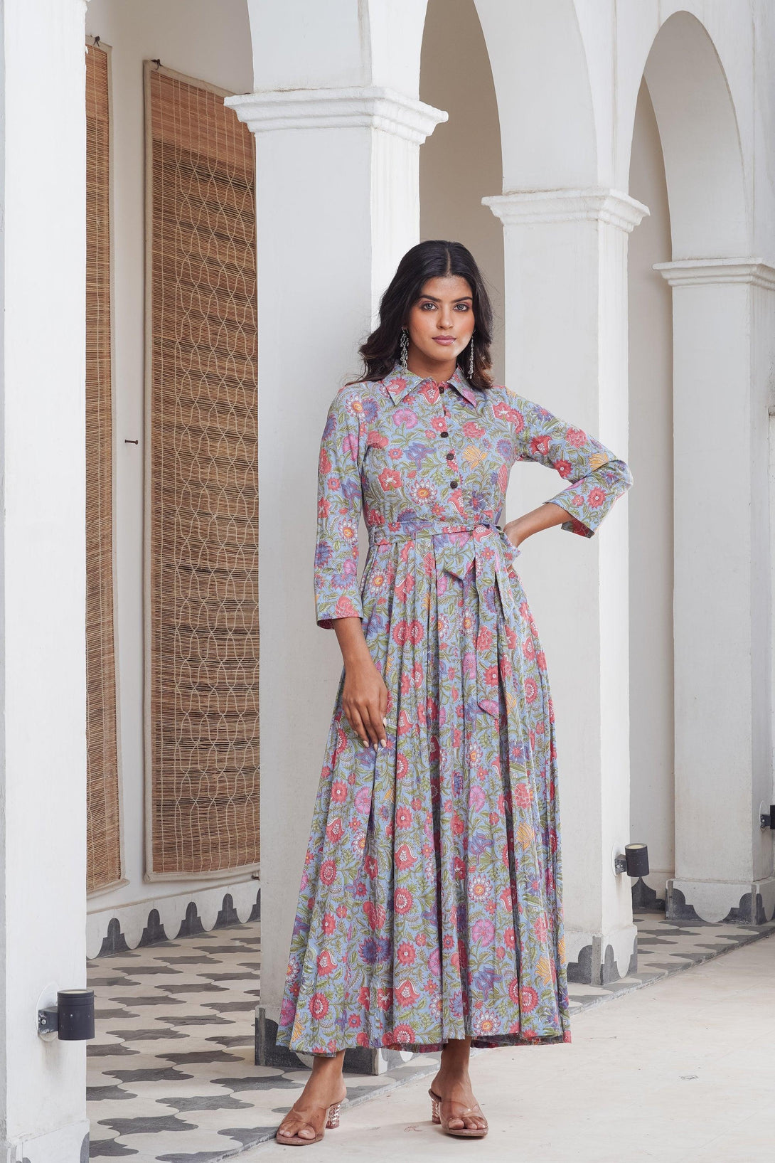 Floral multicoloured shirt collar Maxi - Indiakreations