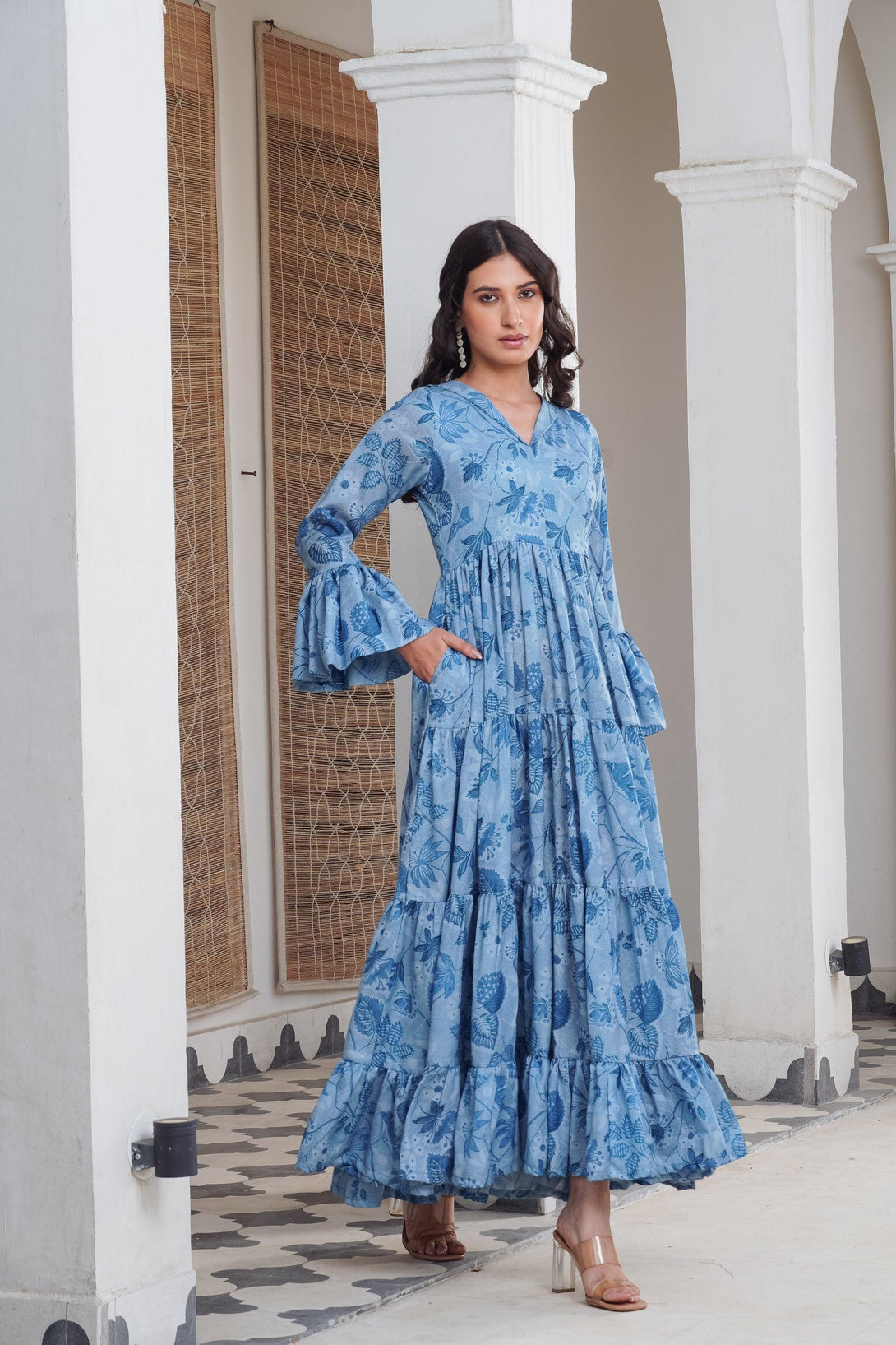 Blue floral frill Maxi - Indiakreations