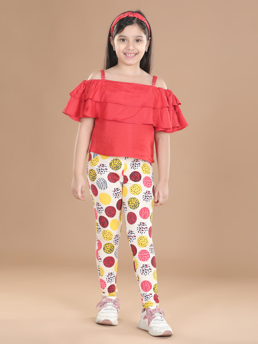 Girl's  Cotton Floral Printed Jegging And Red Top Set - StyleStone Kid