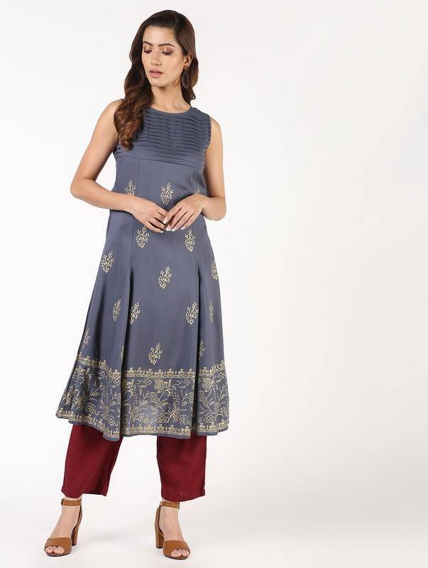 Women's Block Print Flared Kurta - Aniyah