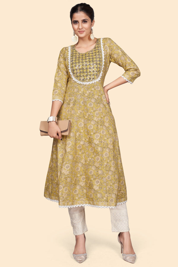 Women's Print & Embroidered A-Line Cotton Yellow Stitched Kurta - Vbuyz