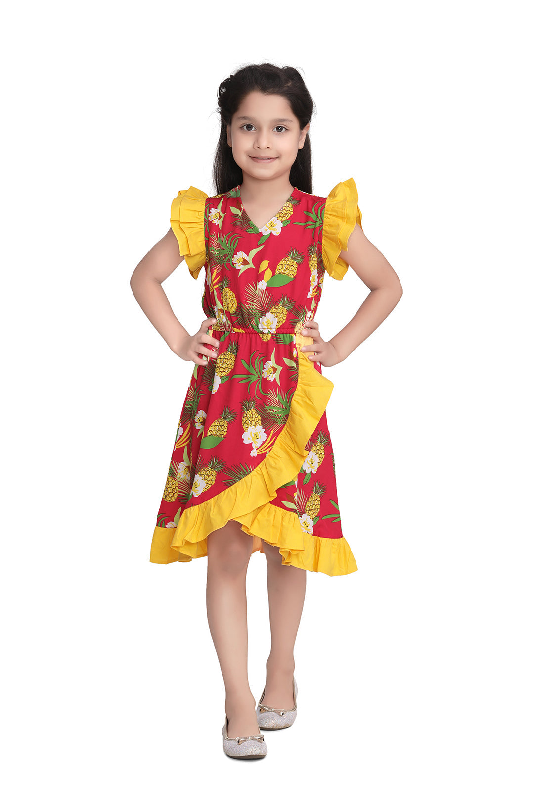 Girl's Pinapple Print Polyester Crepe Dress With Ruffle - StyleStone Kid