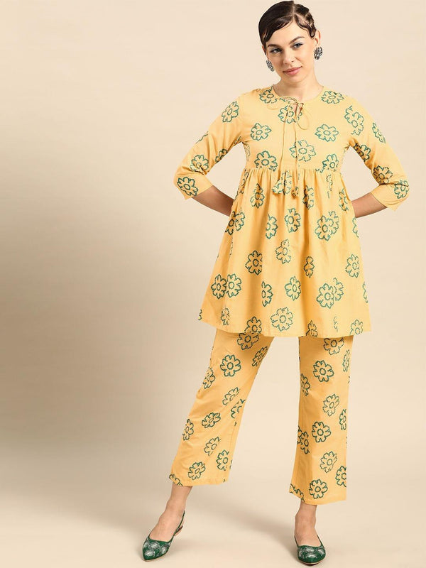 Yellow & Green Printed Pure Cotton Empire Kurti With Trousers - Indiakreations