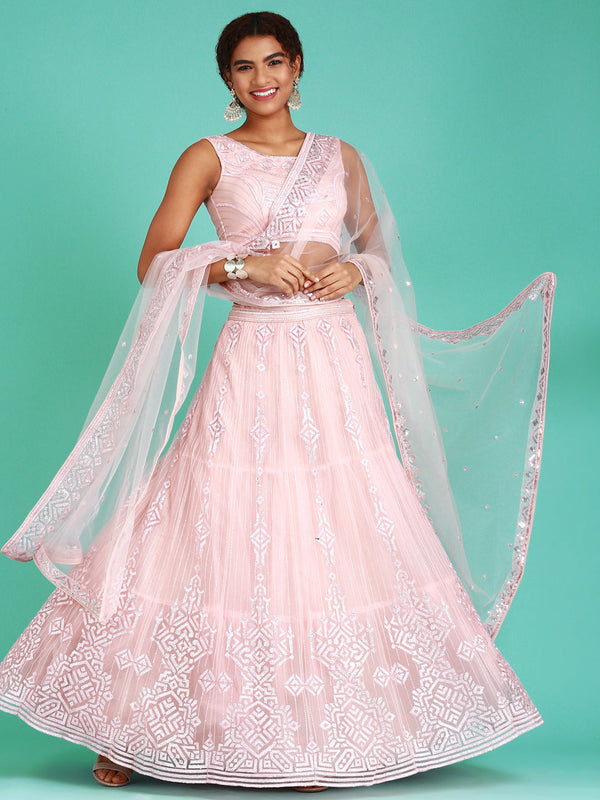 Women's Peach Net Gotapatti Work Lehenga & Blouse, Dupatta - Panchhi