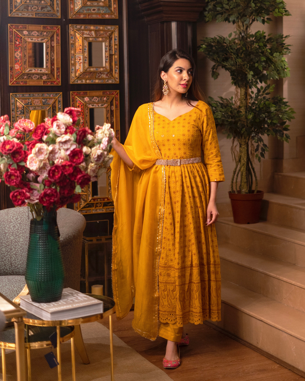 Mustard Chikankari Anarkali Set | Rescue