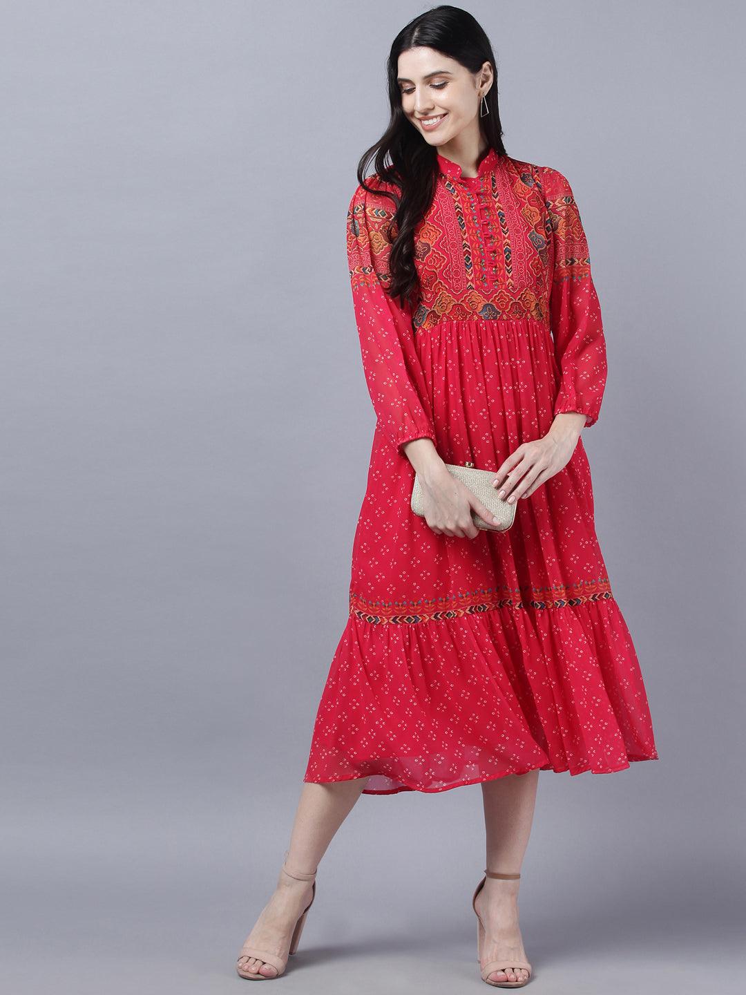 Women's Stylish Red 3/4 Sleeve Dress - Myshka - Indiakreations