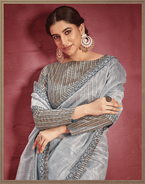 Beautiful Patterned Silk Organza Printed Saree In Grey - Indiakreations