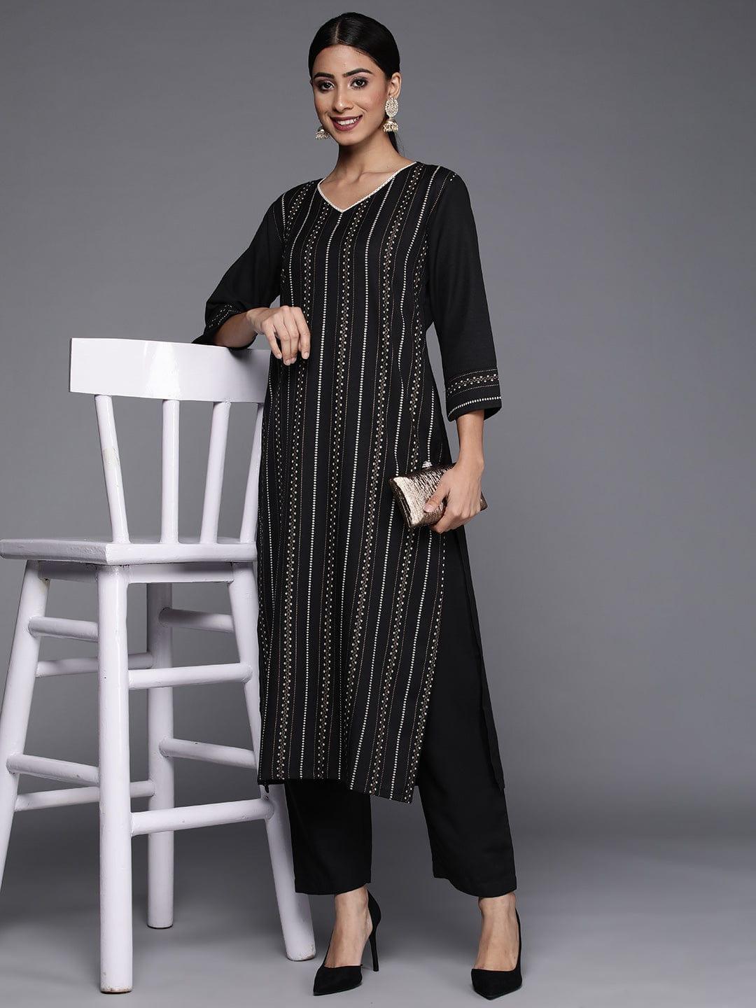 Varanga Winter black khari printed straight kurta with straight trouser - Indiakreations