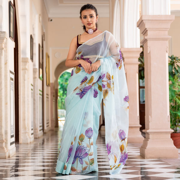 Sky Blue Organza Unstitched Saree