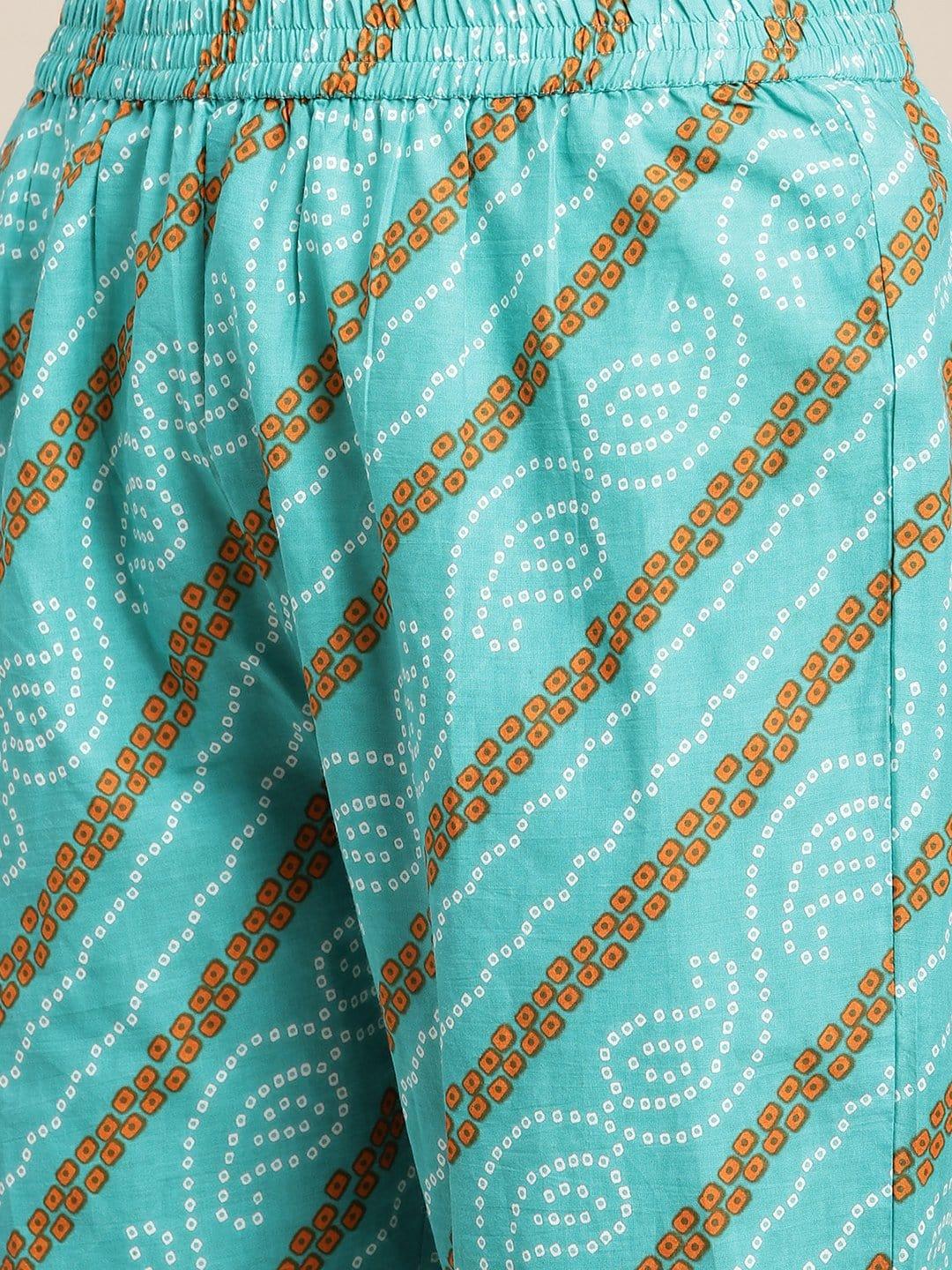 Turquoise Bandhani Printed Kaftaan With Straight Pants - Indiakreations